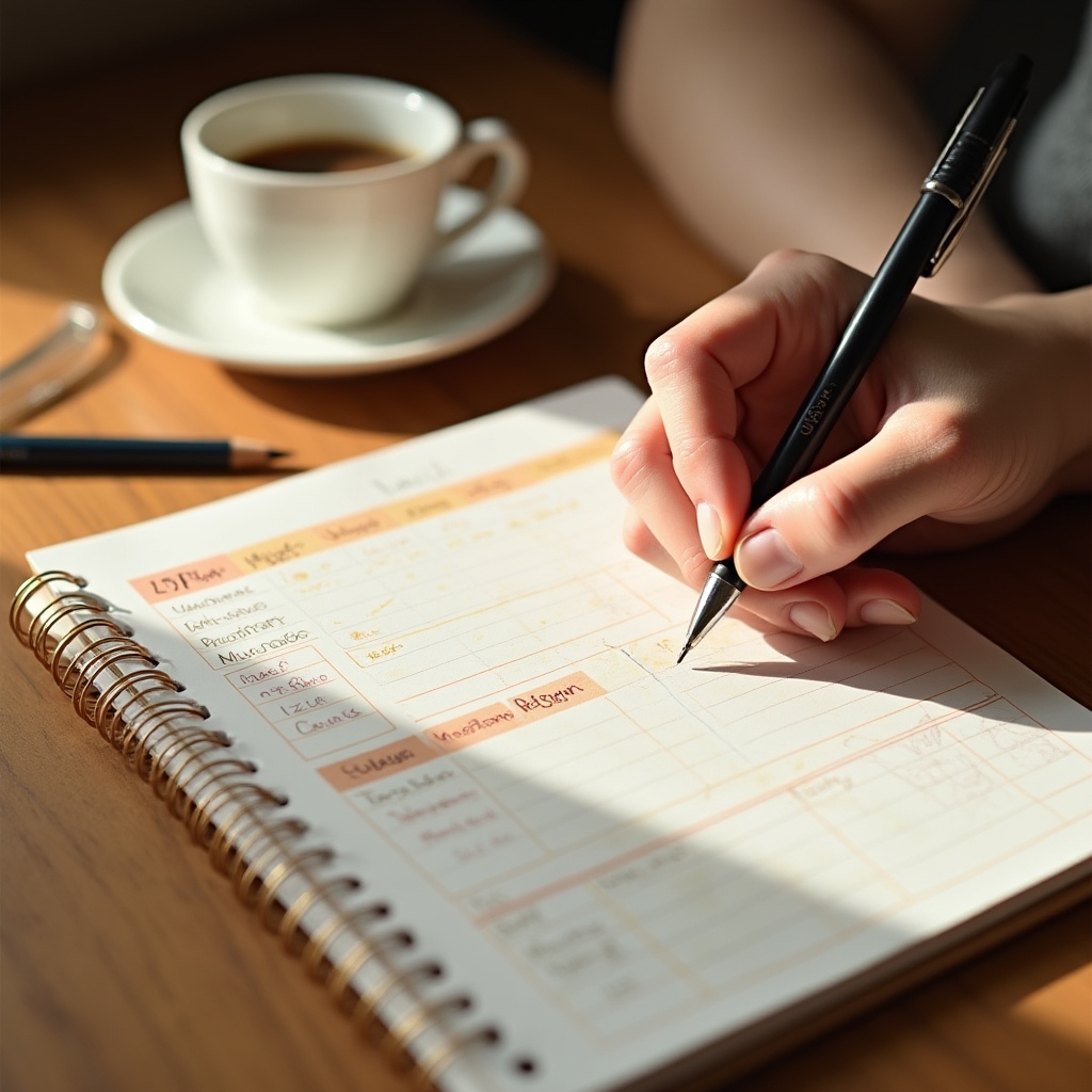 Person writing a structured monthly budget in a notebook with colored categories