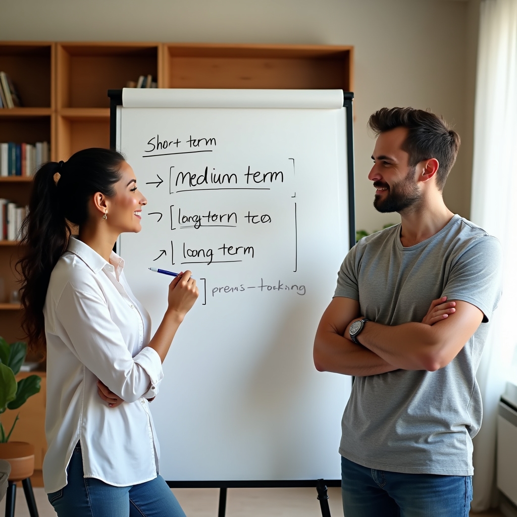Family looking at a whiteboard with financial goals written out in organized categories