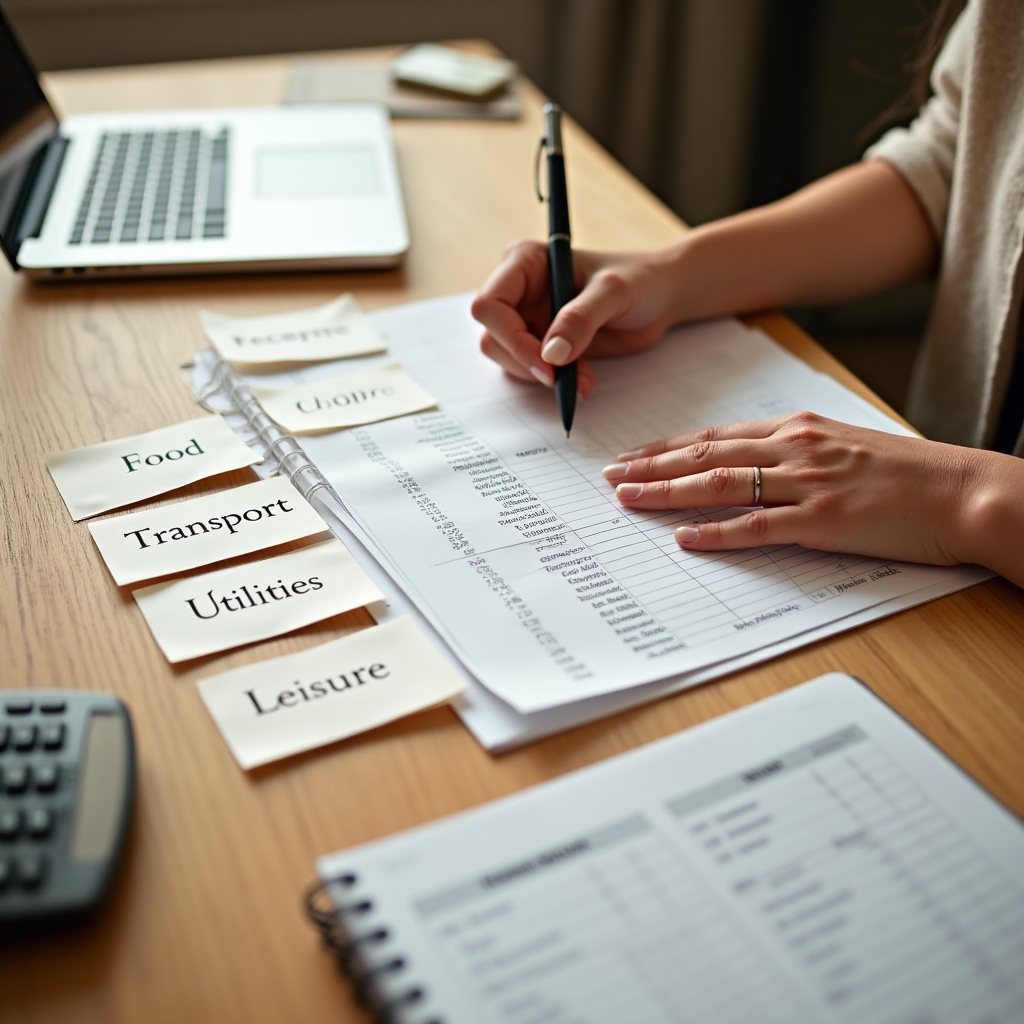 Hands organizing receipts and expense categories on a wooden table with a notebook and pen