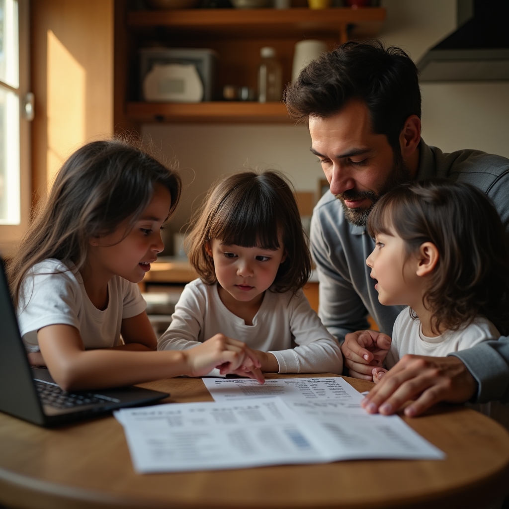Argentine family reviewing their household budget together at a kitchen table