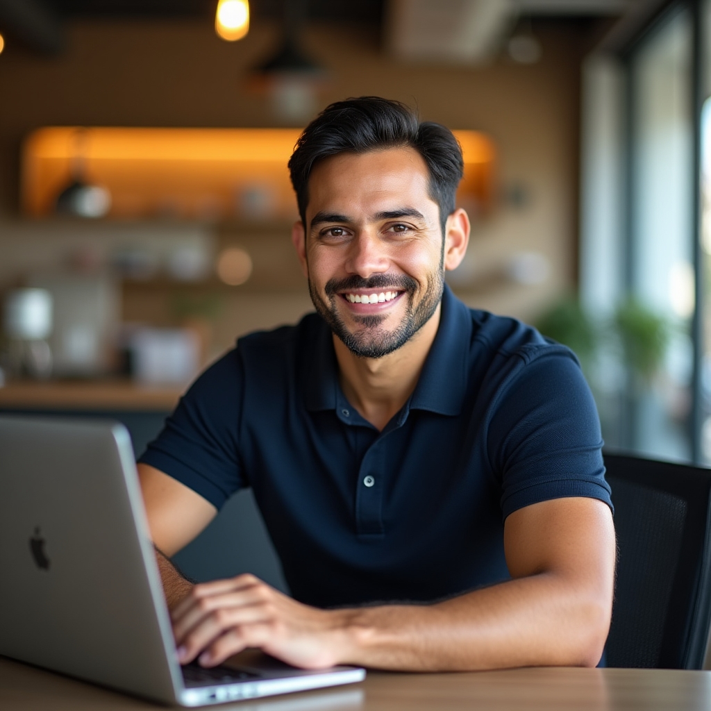 Diego Reyes, student coordinator, a professional man in his early forties at a desk with a laptop, looking engaged and approachable