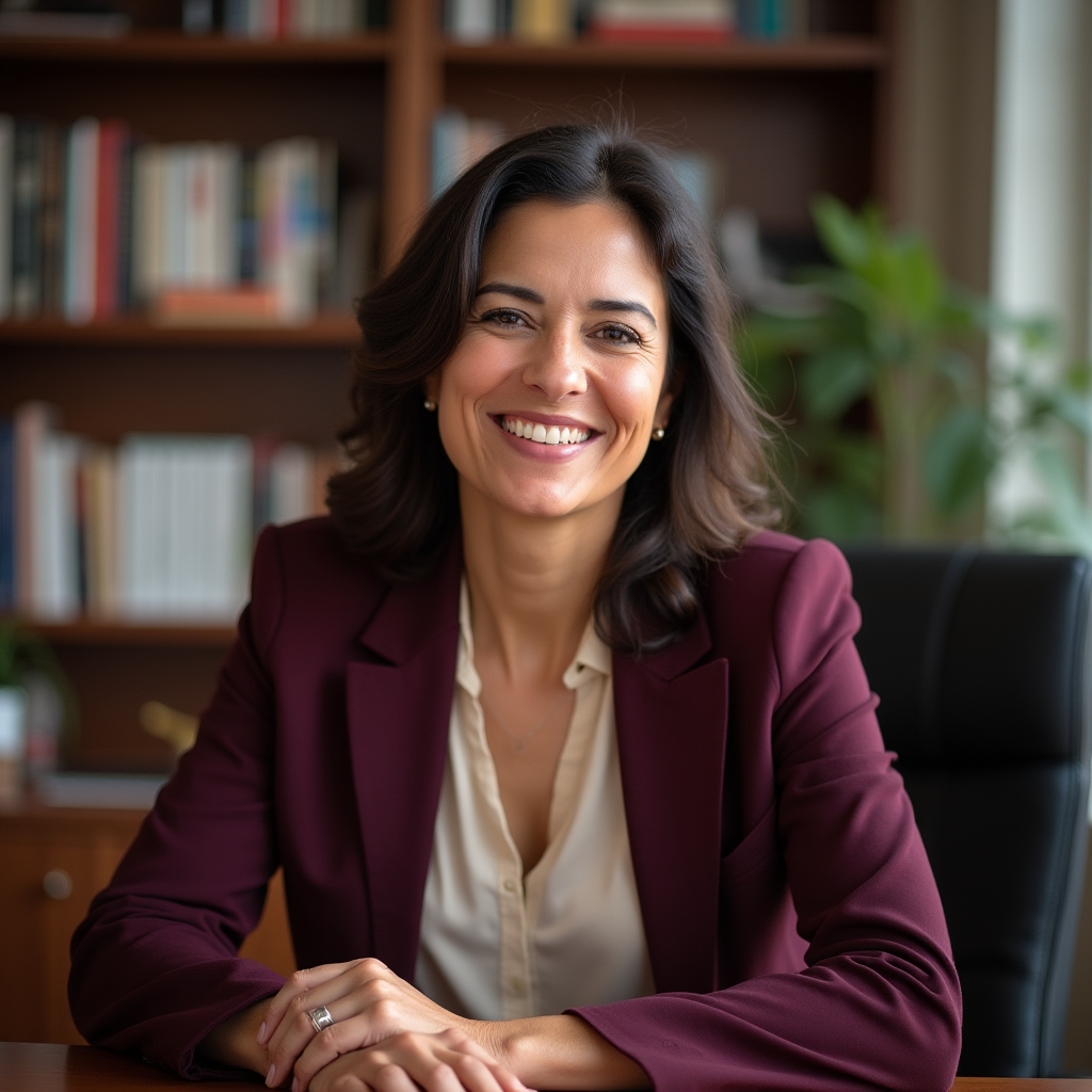 Mariana Fernández, educational director, a professional woman in her early forties smiling in a bright office setting