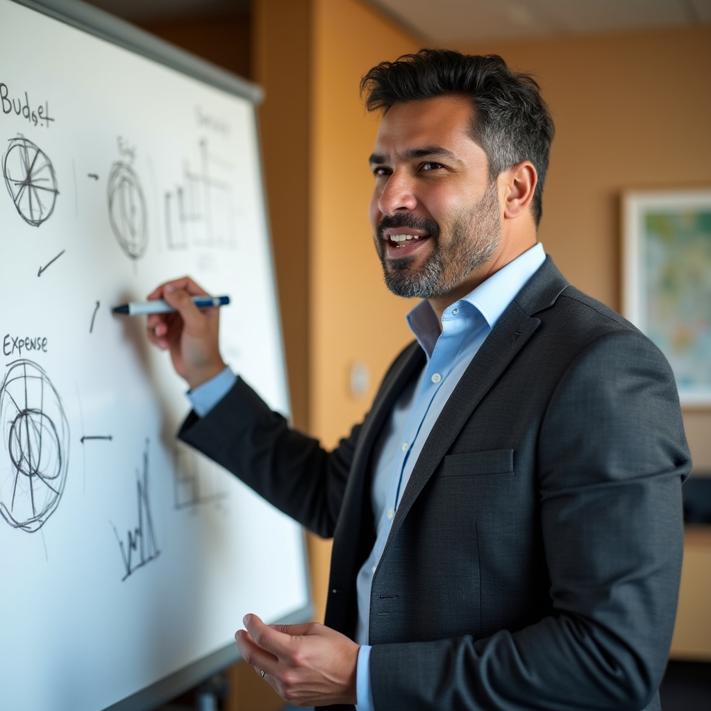 Carlos Gómez, lead instructor, a professional man in his late thirties presenting at a whiteboard with financial diagrams