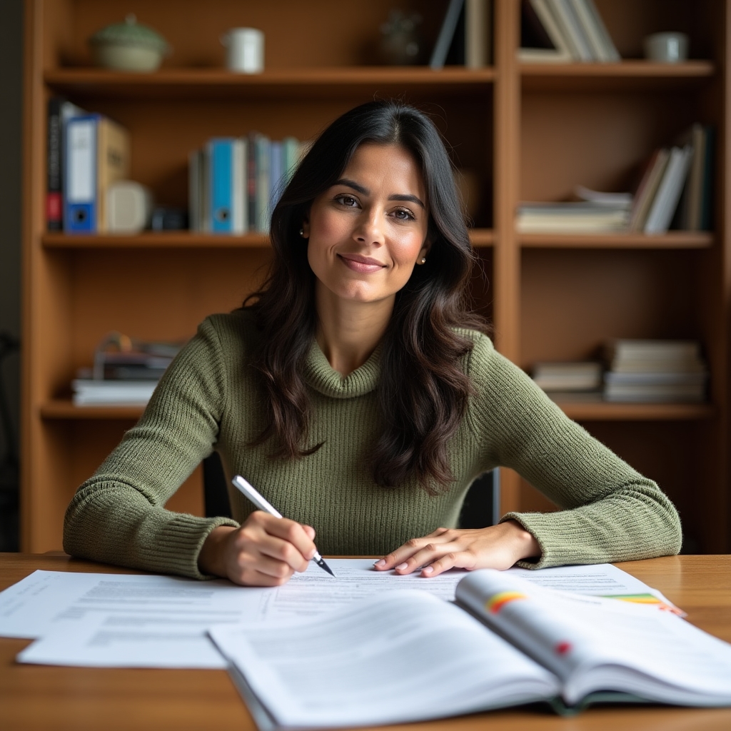 Lucía Varela, content specialist, a professional woman in her mid-thirties reviewing educational materials at a desk